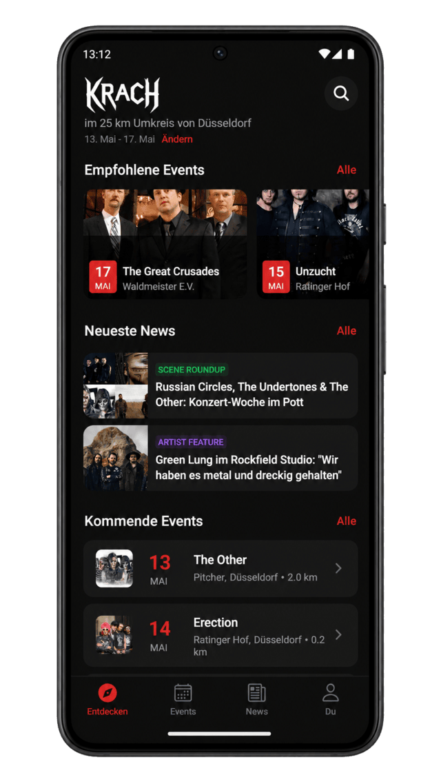 KRACH app — Discover view showing nearby concerts